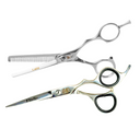 A pair of black-handled barber shears with the brand name 'Eladio' inscribed on the cutting shear and 'Cato' on the thinning shear.