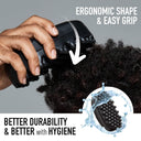 Hand using a black hairbrush on curly hair with text highlighting ergonomic shape, easy grip, durability, and hygiene.