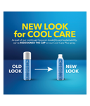 Advertisement showing a comparison of an old and new look for a Cool Care Plus spray bottle on a blue background.