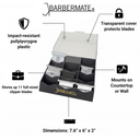 Barbermate blade storage organizer with features highlighted on a white background
