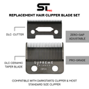 Replacement hair clipper blade set with labels on a white background