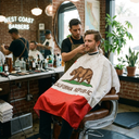 Barber cutting a customer's hair with a 'California Republic' cape in a barbershop.