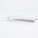 white plastic handle shaving razor with metal blade holder on a white background. Razor shown in closed position