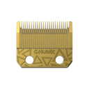 Gold hair clipper blade with geometric design on a white background