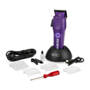 Purple hair clipper set with attachments on a white background