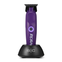 Purple hair trimmer with black stand on a white background